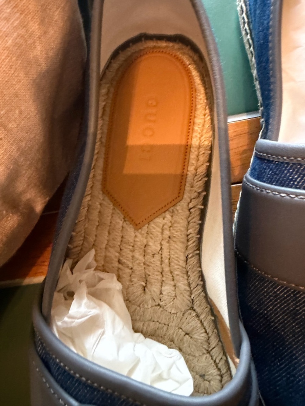 GUCCI Blue Denim Espadrille Slip-Ons with Gray Leather Trim - Picture 4 of 12